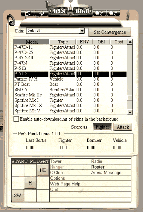 The airplane, tank, ship, manned gun list for Aces High.