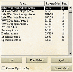 The arena list for Aces High