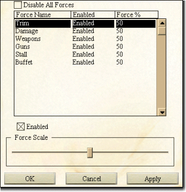 Aces High Joystick Force Feedback Options Panel