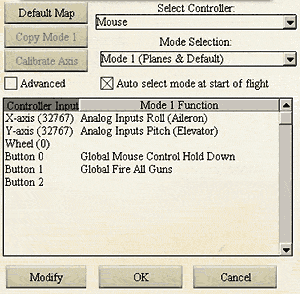 Aces High Map Controller panel for configuring joysticks or a mouse